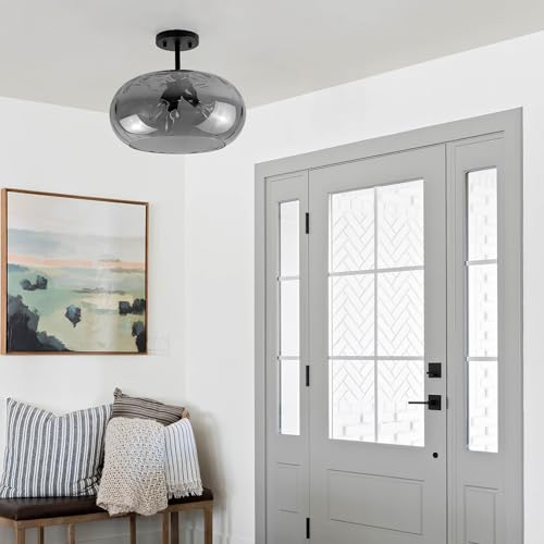 Matte Black Semi Flush Mount Ceiling Fixture Large Smoked Hammered Glass Shade Modern Close to Ceiling Light 14" Art Lampshade for Hallway Foyer Bedroom