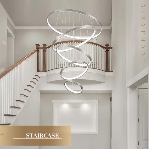 5 Rings Brushed Nickel Ring Chandeliers Moedrn LED Chandeliers Dimmable Foyer Chandelier for High Ceiling Dimmable Contemporary Nickel Chandelier for Living Room Staircase Entryway