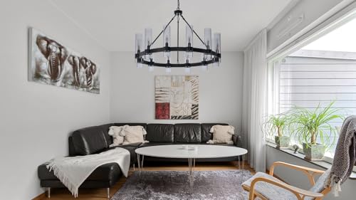 36 Inch Large Black Wagon Wheel Chandelier 12 Lights with Glass Shade