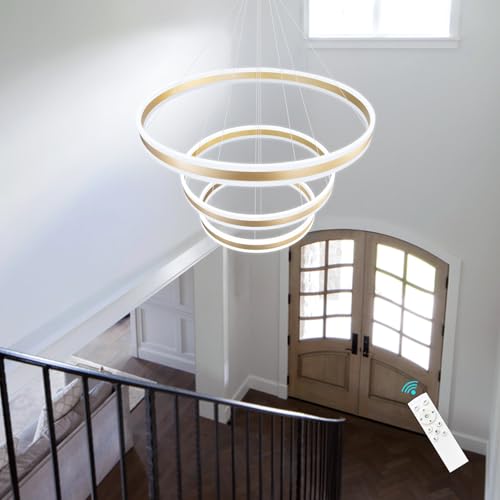 3 Rings Modern Chandelier for Dining Room Gold LED Dimmable Pendant Lightings for Kitchen Island Adjustable Height Flush Mount Ceiling Lighting for Living Room Foyer Hallways 3000K (3 Count)