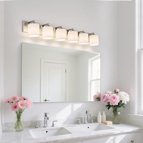 6 Light Brushed Nickel Bathroom Vanity Light with White Glass Shades