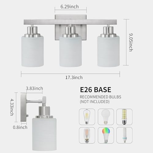 3 Light Bathroom Light Fixtures Brushed Nickel Vanity Light 17in (3 Count)