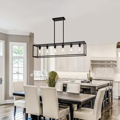 6 Light Dining Room Light Fixture Black Farmhouse Chandelier Kitchen Island Pendant Lighting Rectangle Modern Industrial Living Room Hanging Lights Adjustable Height