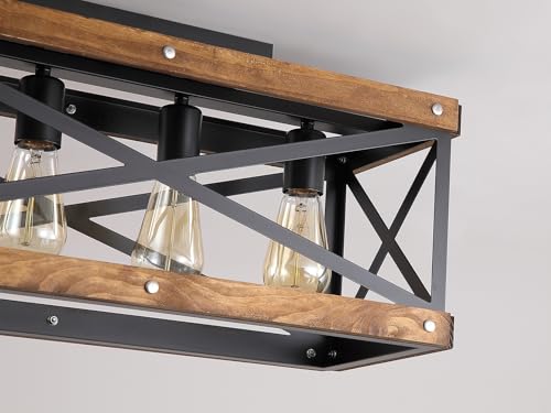 4 Light Large Rustic Farmhouse Wood Flush Mount Ceiling Light Fixture 23.6 inch Oak Wood and Metal Rectangular Track Semi Flush Mount Ceiling Light for Kitchen Living Room Bedroom Indoor
