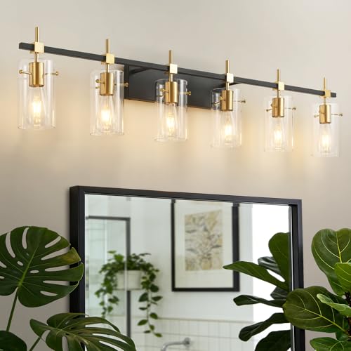 49.2 inch Vanity Light fixtures Vintage 6 Lights Wall Light Fixtures Above Mirror for Bathroom Brass and Black with Clear Glass Shade