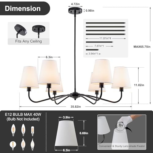 Black Farmhouse Chandeliers Over Table with White Fabric Shade