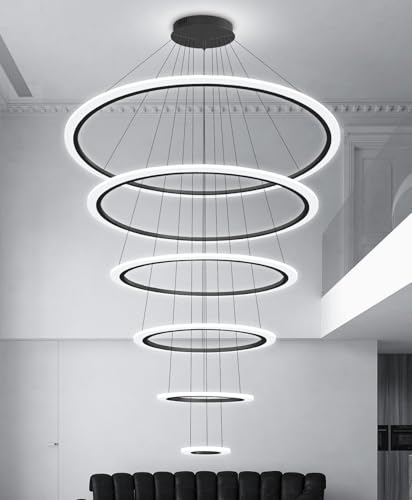 Modern LED Dimmable Chandelier 6 Ring High Ceiling Large Chandelier for Living Room Hanging Light Fixture for Foyer Staircase Black