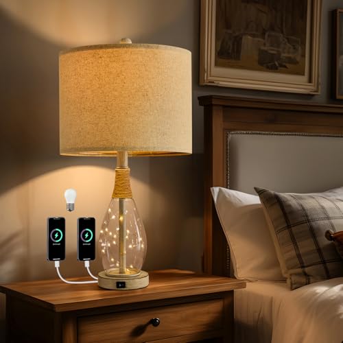 23" USB A+C Table Lamp for Bedroom Living Room Modern Bedside Lamps Retro Farmhouse Rattan Glass Nightstand Nightlight Lamps