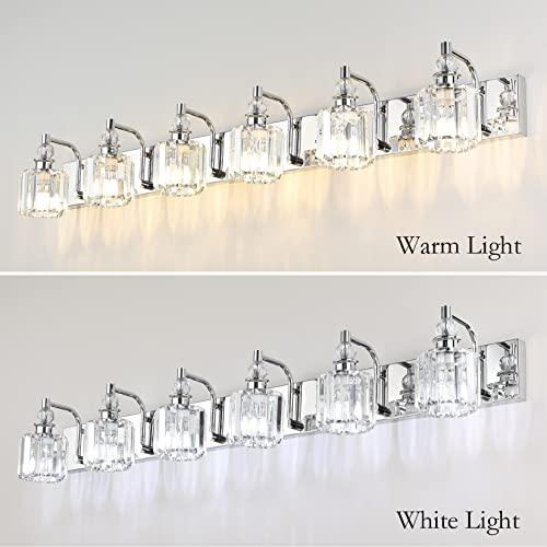 Crystal Vanity Lights 6 Light 48" Modern Crystal Bathroom Lights Fixtures Over Long Mirror Stainless Steel Chrome Vanity Light for Bathroom Wall Lights Fixtures