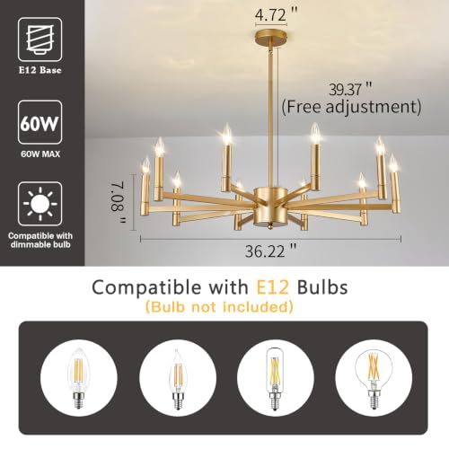 10 Light Gold Candle Chandeliers Modern Farmhouse Ceiling Light Fixture Industrial Lighting for Dining Room Living Room Bedroom Kitchen