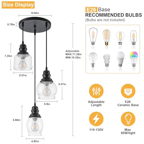 3 Light Seeded Glass Mini Pendant Lights Kitchen Island
