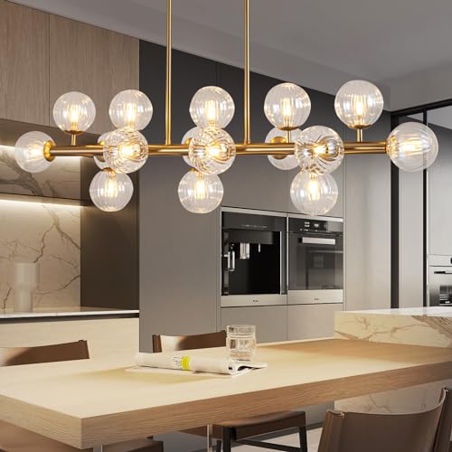 Gold Linear Rectangle Chandelier Modern Chandelier Glass Pendant Light Fixture Adjustable for Dining Living Room Kitchen Island 16