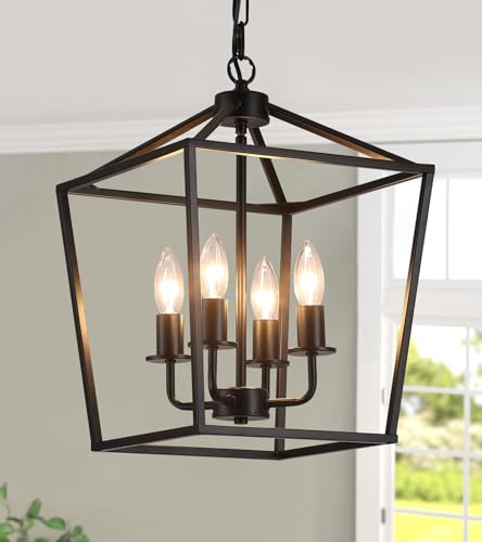 UL Listed Black Industrial 4 Light Lantern Chandelier Ceiling Light Fixtures Farmhouse Metal Cage Rustic Geometric Pendant Light for Kitchen Island Entryway Dining Room Stairs and Hallway