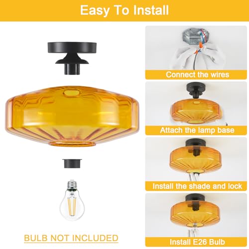 Amber Glass Ceiling Light Mid Century Retro Semi Flush Mount Ceiling Light