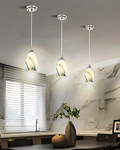 Art Glass Mini Pendant Lights for Kitchen Island Blown Art Glass Pendant Light Shade hanging ceiling lights with Brushed Nickel Finish for Kitchen Counter bar