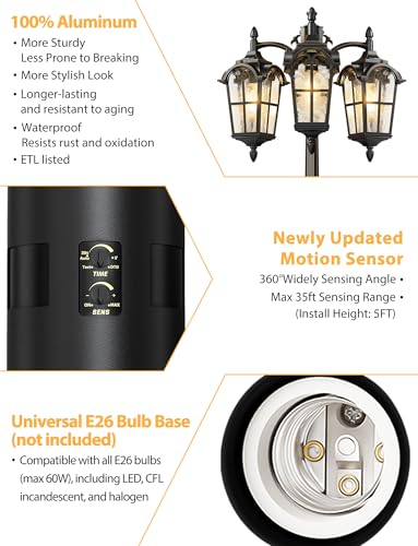 3 Head Motion Sensor Outdoor Post Lights Dusk to Dawn Pole Lights