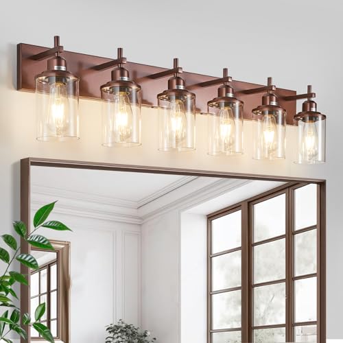 6 Light Bronze Bathroom Light Fixtures Over Mirror