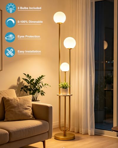 63IN Dimmable Gold Floor Lamp with Shelf Mid Century Standing Lamps with 3000K Bulbs Included Modern Globe Floor Lamp for Living Room (3 Count)