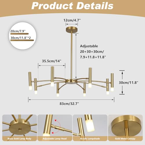 Lighting Contemporary 8 Lights LED Chandeliers Brushed Brass Living Room Light Fixture Gold Sputnik Flush Mount Ceiling Light Fixture Small Modern Ceiling Lamp for Bedroom