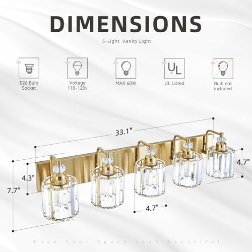 5 Light Modern Vanity Lights Brushed Brass Bathroom Light Fixtures Over Mirror Gold Bathroom Vanity Lighting with Crystal Shade E26 Base Wall Sconce for Bedroom Living Room Restroom Wall Lamp