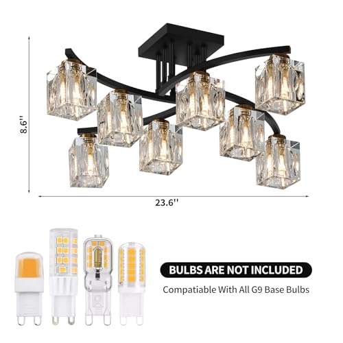 8 Light Modern Sputnik Ceiling Light Fixture Farmhouse Crystal Semi Flush Mount Ceiling Light Black and Gold Chandeliers for Dining Room Living Room Kitchen Island Bedroom Entryway
