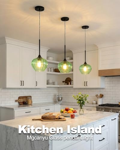 2 Pack Green Glass Pendant Lights Kitchen Island with Black Finish (2 Count)