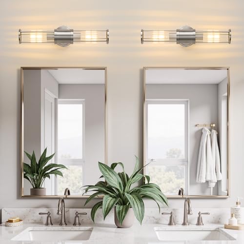 Hardwired Nickel Bathroom Vanity Light Glass Rod Wall Sconce