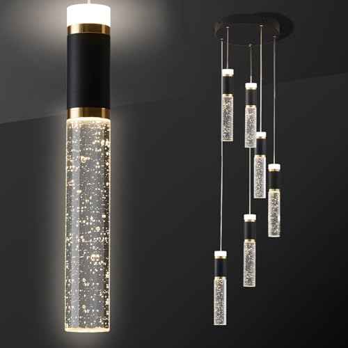 6-Lights Led Chandelier, Black and Gold Crystal Modern Led Chandelier for Dining Room, Luxury Dimmable Enterway Led Pendant Lights Fixture with Remote Control Flush Mount