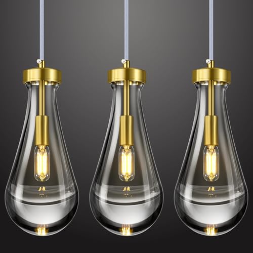 Raindrop Pendant Lights Kitchen Island Set of 3 Teardrop Gold Hanging Light Fixtures Clear Solid Glass Pendant Light Modern Chandeliers for Dining Room Porch Corridor Living Room… (3 Count)