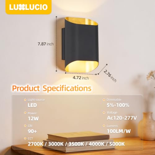 Black & Gold 7.9" Up & Down Indoor Outdoor LED Wall Sconce (Black&Gold / 2 pack)