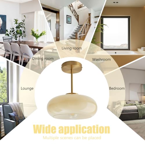 Mid Century Ceiling Light Fixtures Milk Glass Ceiling Lights Round Milk Yellow Shade Gold Brass Semi Flush Mount Ceiling Light Globe Glass Ceiling Lamp for Hallway Dining Room Kitchen