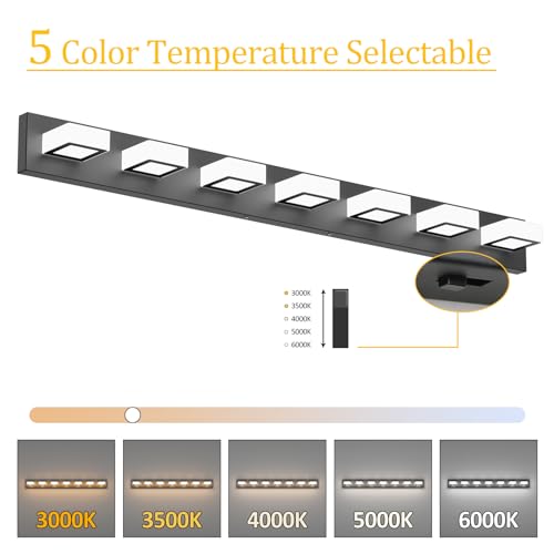 46inch Matte Black Vanity Lights 7 Lights Dimmable 5 Color Temperature Acrylic Modern LED Black Vanity Lighting for Bathroom