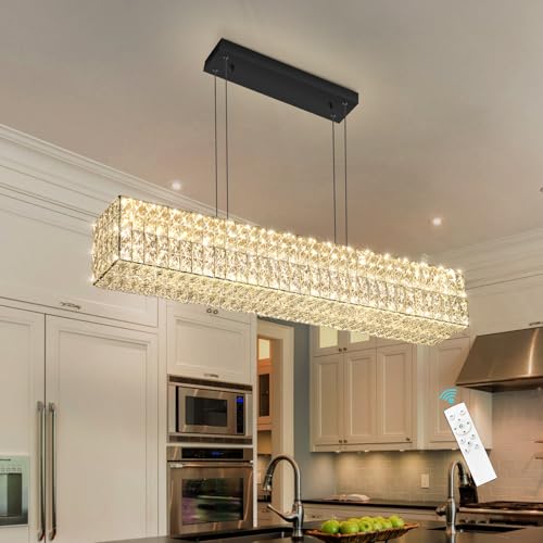 Glam Crystal Chandelier Modern Dimmable Crystal Chandeliers LED Rectangular Ceiling Light Fixtures for Dining Room Living Black