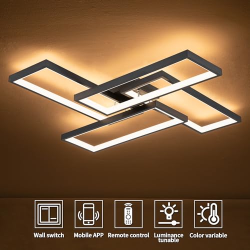 Modern LED Ceiling Lights for Bedroom 26" Dimmable Square Ceiling Lights for Living Room with Remote Control Black Bedroom Light Fixture for Kitchen