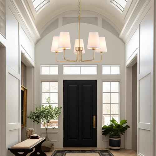 AMZASA Farmhouse Chandelier, 5-Lights Visual Comfort Gold Light, Muted Gold with White Fabric Shade, Linear Island Lighting Fixture for Kitchen, Dining Room