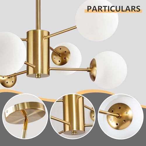 6 Light Globe Sputnik Chandelier Milk Glass Modern Gold Chandelier Light Fixture Mid Century Sputnik Chandeliers Pendant Light Frosted Globe Adjustable Hanging Ceiling Light for Entryway (6 Count)