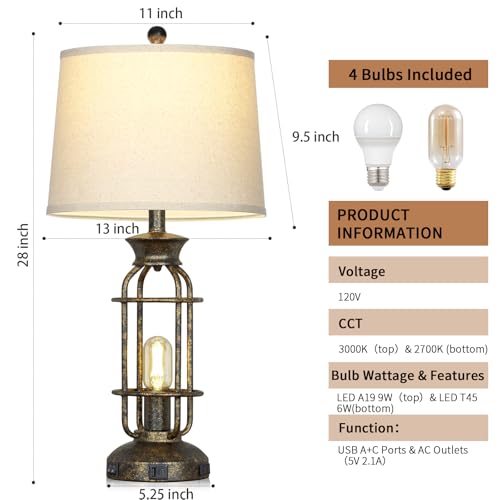28" Tall Farmhouse Table Lamp with USB C+A Charging Ports & AC Outlet