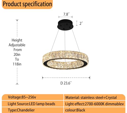 Modern 23.6'' Ring Crystal Chandelier Adjustable LED Ring Pendant Light Dimmable Black Round Crystal Chandelier Light for Dining Room Living Room