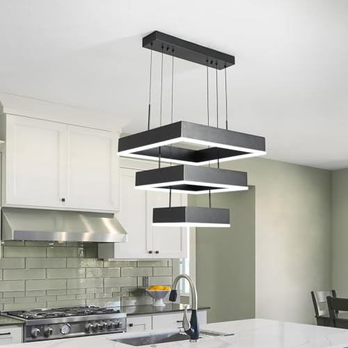 Modern Chandelier 58W LED Black Pendant Light Embedded Mount Square Rings LED Chandeliers Dining Room Light Fixtures for Kitchen Bedroom