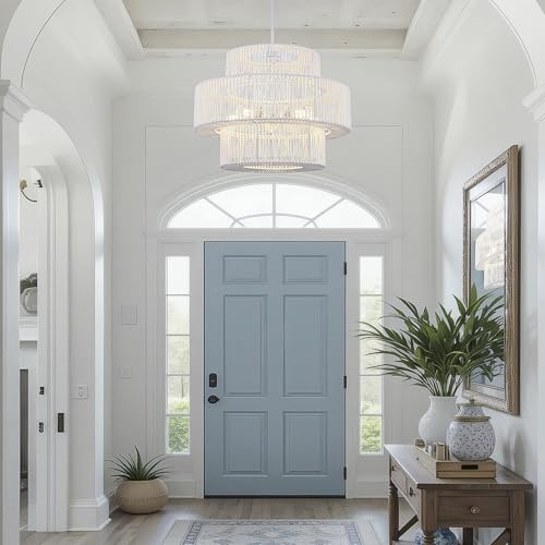 22" Farmhouse Rattan Chandeliers Large White Boho Light Fixtures for Dining Room Kitchen Island Living Room Foyer Hallway 5