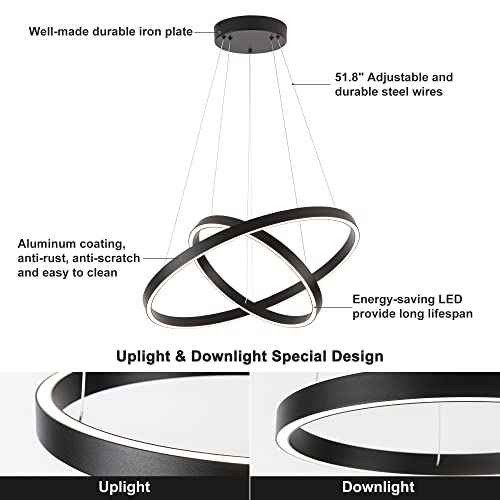 Modern Led Chandelier, 2 Rings Contemporary Chandelier Circular Pendant Light, Black Dimmable Hanging Ceiling Light Fixture for Living Dining Room