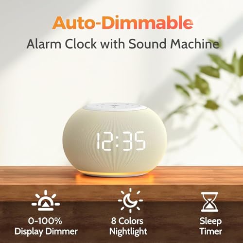 Auto Dimmable Sound Machine Alarm Clock with Night Light for Girls