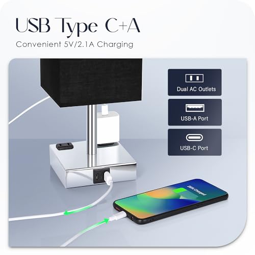 Set of 2 Bedside Table Lamp 3 Way Dimmable Nightstand Lamp with USB C & USB A Charging Port (2 Count)