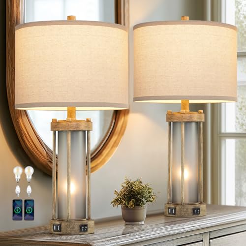 Farmhouse Table Lamps Set of 2 for Living Room with 2 USB Ports (2 Count)