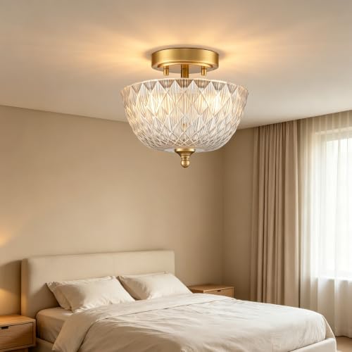 Gold Semi Flush Mount Ceiling Light with Clear Globe Glass Shade