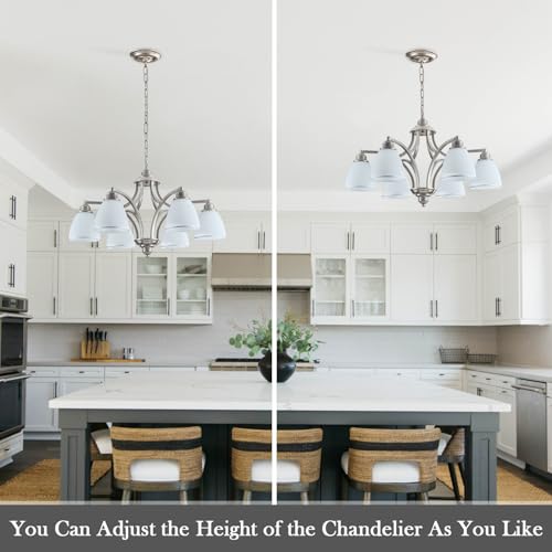 6 Light Brushed Nickel Farmhouse Chandelier for Dining Room with Milk White Frosted Glass Shades Adjustable Max Length 47" Hanging Light Fixtures for Kitchen