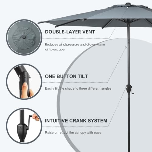 9FT Lyon Outdoor Patio Umbrella Outdoor Table Umbrella with Push Button Tilt and Crank Market Umbrella 8 Sturdy Ribs UV Protection Waterproof for Garden Deck Backyard Pool Grey