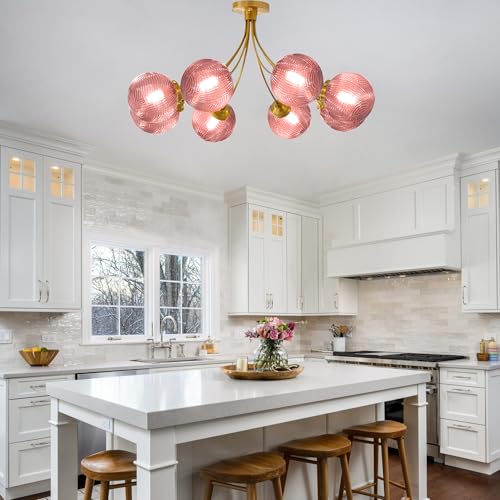 8 Light Sputnik Pink Chandelier Vintage Flush Mount Ceiling Light with Globe Glass Pendant Lights Gold Chandeliers for Dining Room Bedroom Living Room