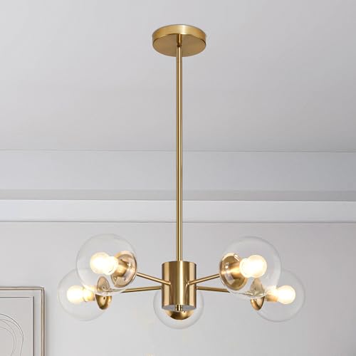 5 Light Globe Sputnik Chandelier Gold Mid Century Sputnik Chandeliers Dimmable Globe Pendant Light Brushed Brass Finished with Clear Glass Lampshade Chandeliers for Dining Room Bedroom