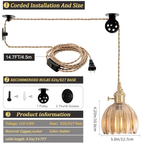 Plug in Pendant Light Hanging Light Fixture Corded On